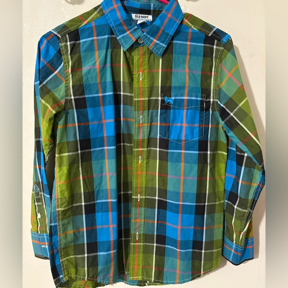 Old Navy Vibrant Blue and Orange Plaid Shirt